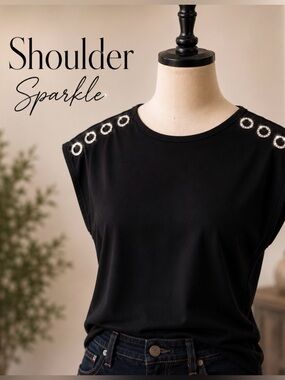 89th & Madison Black Knit Top | Rhinestone Grommet Shoulder Detail | Size S
